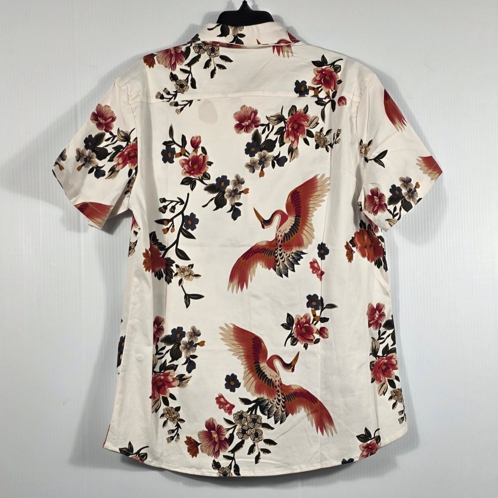 Atlanl Mens Short Sleeve Button Down Shirt White Red Crane Floral Print Size S - Picture 5 of 11